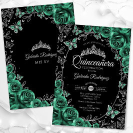 Emerald Green Silver Black Quinceanera Einladung