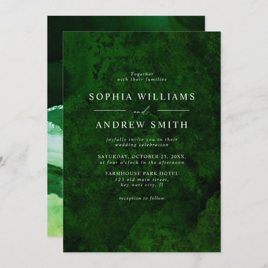 Emerald Green & Silver Calligraphie Einladung (Vorne/Hinten)