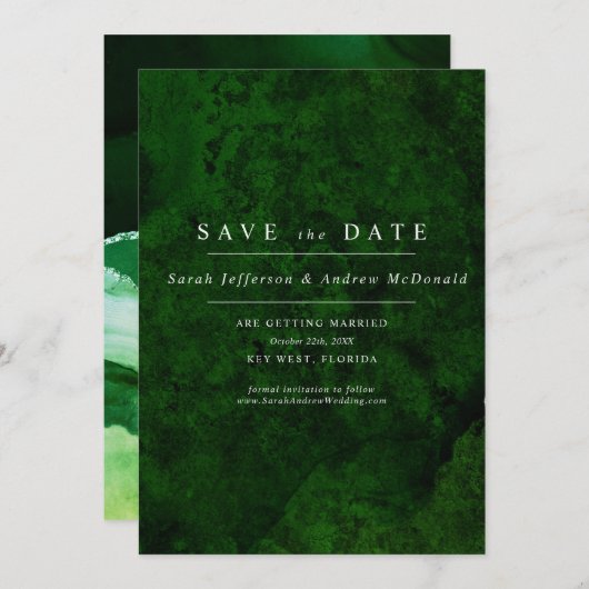 Emerald Green & Silver Calligraphie Save the Date Einladung (Vorne/Hinten)