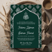 Emerald Green Silver Damask Arch Muslim Wedding Einladung