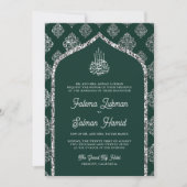 Emerald Green Silver Damask Arch Muslim Wedding Einladung (Vorderseite)