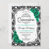 Emerald Green Silver Elegant Damask Quinceanera Einladung (Vorderseite)