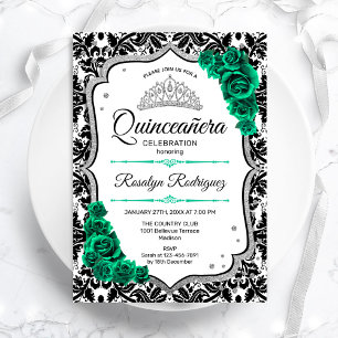 Emerald Green Silver Elegant Damask Quinceanera Einladung