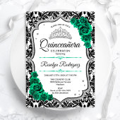 Emerald Green Silver Elegant Damask Quinceanera Einladung