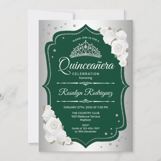 Emerald Green Silver Elegant Quinceanera Einladung (Vorderseite)