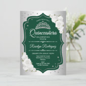 Emerald Green Silver Elegant Quinceanera Einladung (Stehend Vorderseite)