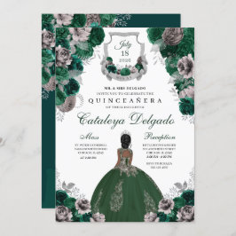 Emerald Green & Silver Floral Elegante Quinceañera Einladung