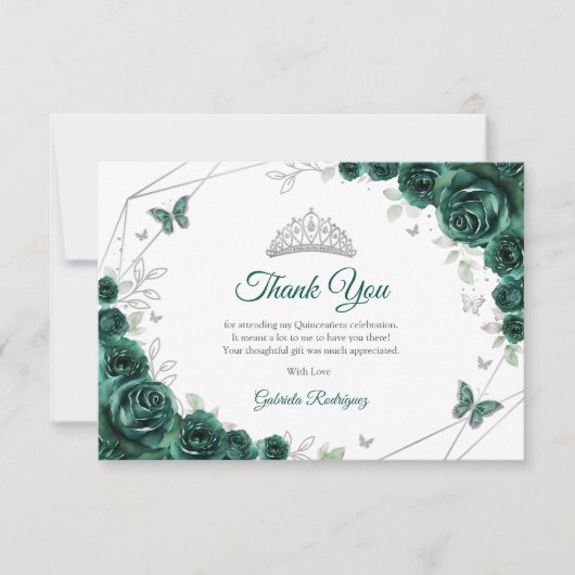 Emerald Green Silver Floral Quinceanera Dankeskarte (Vorderseite)