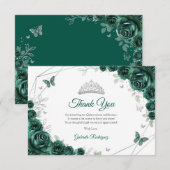 Emerald Green Silver Floral Quinceanera Dankeskarte (Vorne/Hinten)