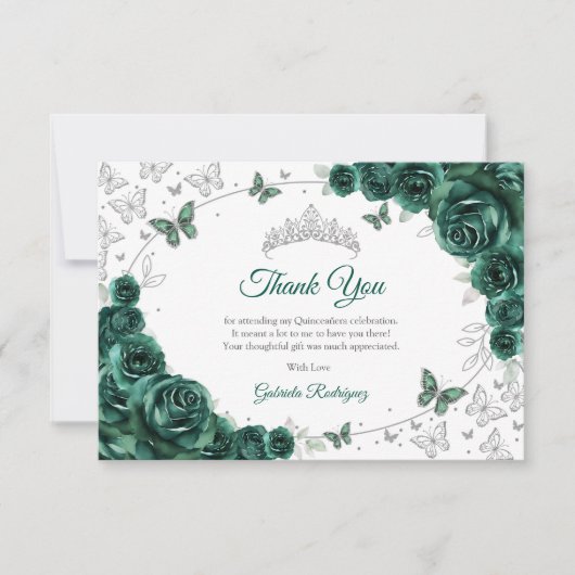 Emerald Green Silver Floral Quinceanera Dankeskarte (Vorderseite)