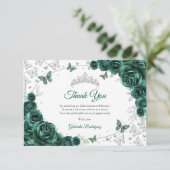Emerald Green Silver Floral Quinceanera Dankeskarte (Stehend Vorderseite)