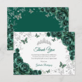 Emerald Green Silver Floral Quinceanera Dankeskarte (Vorne/Hinten)