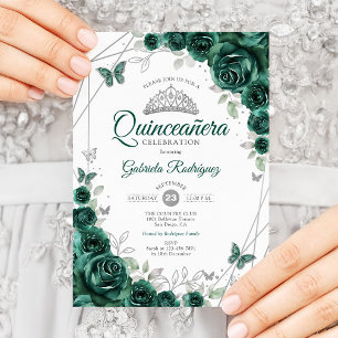 Emerald Green Silver Floral Quinceanera Einladung