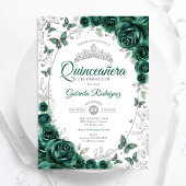 Emerald Green Silver Floral Quinceanera Einladung