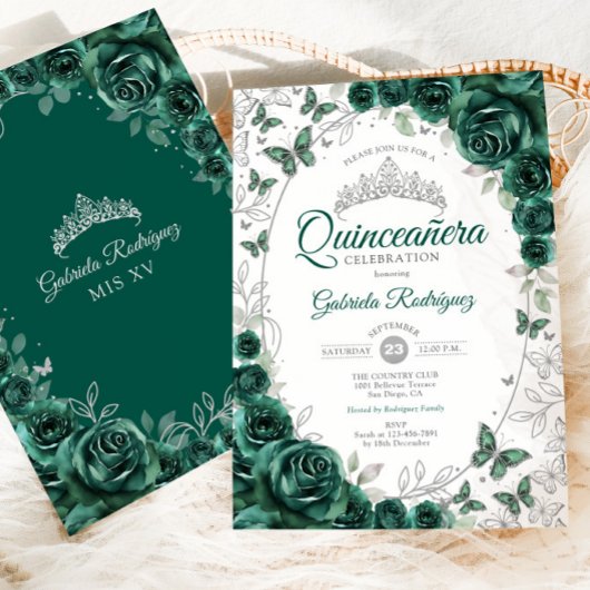 Emerald Green Silver Floral Quinceanera Einladung