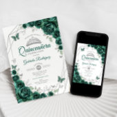 Emerald Green Silver Floral Quinceanera Einladung