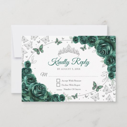 Emerald Green Silver Floral Quinceanera Reply RSVP Karte (Vorderseite)