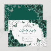 Emerald Green Silver Floral Quinceanera Reply RSVP Karte (Vorne/Hinten)