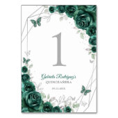 Emerald Green Silver Floral Quinceanera Tischnummer (Rückseite)