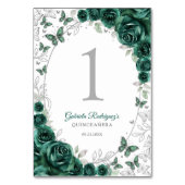 Emerald Green Silver Floral Quinceanera Tischnummer (Rückseite)