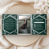 Emerald Green Silver Flourish Swirl Wedding Photo Dreifach Gefaltete Einladung