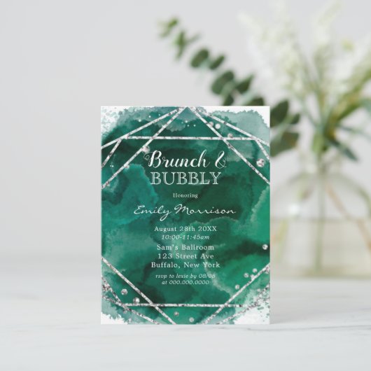 Emerald Green Silver Geometric Brunch & Bubbly Einladung (Stehend Vorderseite)