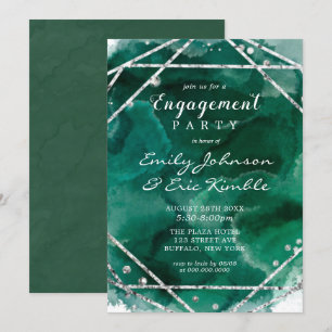 Emerald Green Silver Geometric Engagement Party Einladung