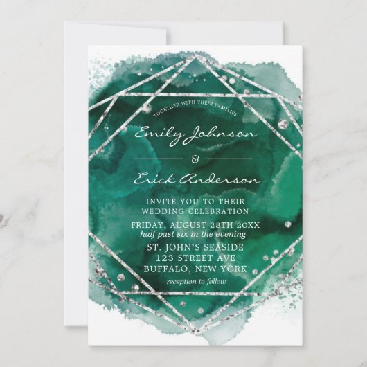 Emerald Green Silver Geometric Glitzer Wedding Einladung (Vorderseite)