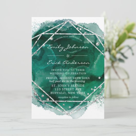 Emerald Green Silver Geometric Glitzer Wedding Einladung (Stehend Vorderseite)