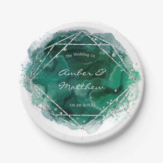 Emerald Green Silver Geometric Watercolor Wedding Pappteller (Vorderseite)