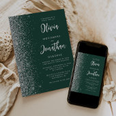 Emerald Green Silver Glitzer Calligraphy Wedding Einladung