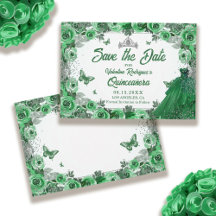 Emerald Green Silver Glitzer Floral Quinceanera