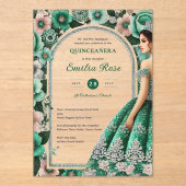 Emerald Green Silver Quince Dress Blume Tiara Acryleinladungen (Vorderseite)