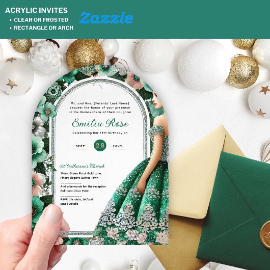 Emerald Green Silver Quince Dress Blume Tiara Acryleinladungen