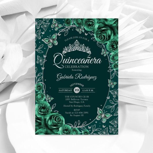 Emerald Green Silver Quinceanera Einladung