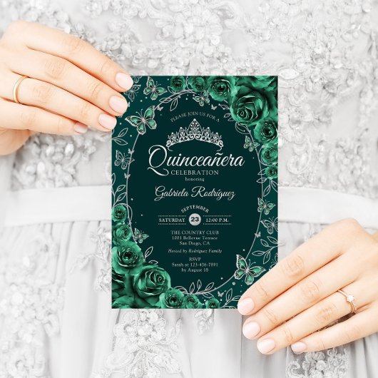 Emerald Green Silver Quinceanera Einladung