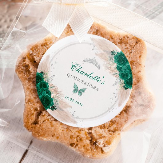 Emerald Green Silver Quinceanera Miss Quince 15 Runder Aufkleber
