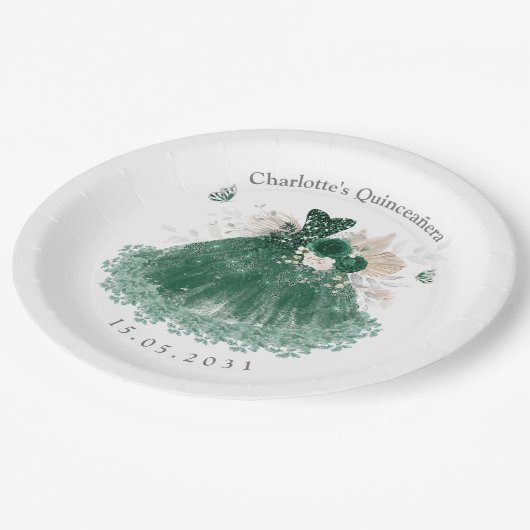 Emerald Green Silver Quinceanera Princess Dress Pappteller (Schrägansicht)