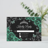 Emerald Green Silver Quinceanera Reply RSVP Karte (Stehend Vorderseite)