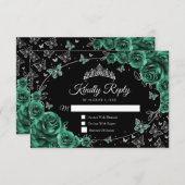 Emerald Green Silver Quinceanera Reply RSVP Karte (Vorne/Hinten)
