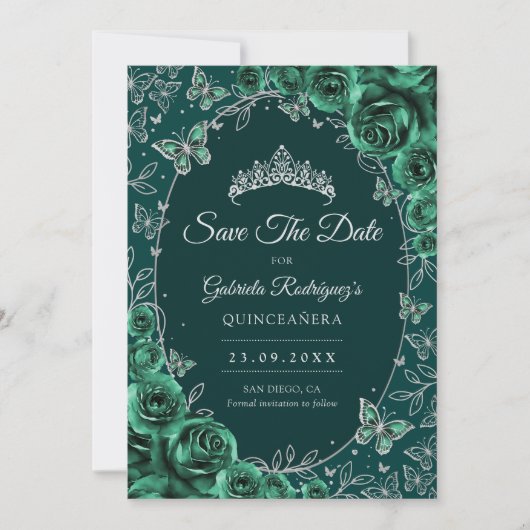 Emerald Green Silver Quinceanera Save The Date (Vorderseite)