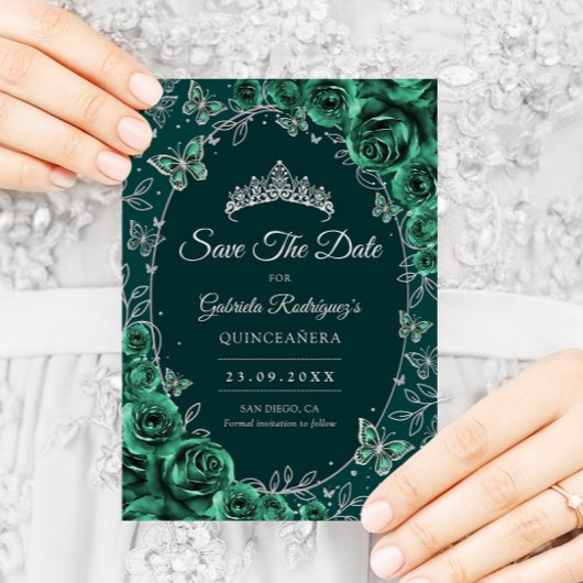 Emerald Green Silver Quinceanera Save The Date