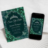 Emerald Green Silver Quinceanera Save The Date