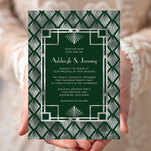 Emerald Green Silver Vintag Deko Pattern Wedding Einladung