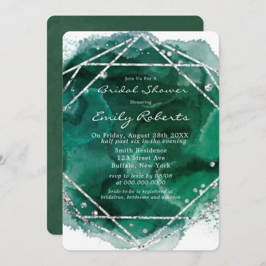 Emerald Green Silver Watercolor Brautparty Einladung (Vorne/Hinten)