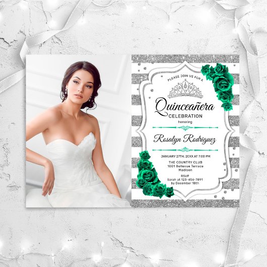 Emerald Green Silver White Foto Quinceanera Einladung
