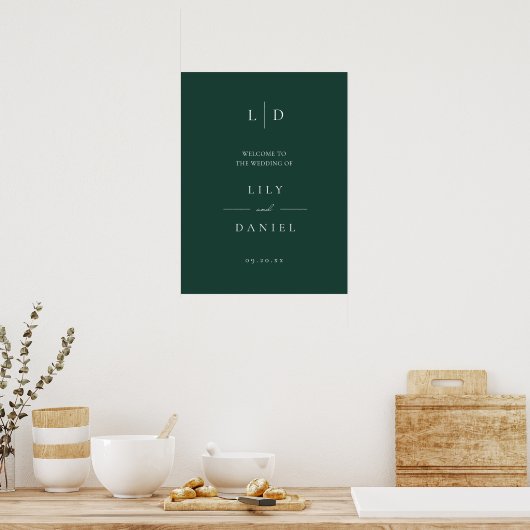 Emerald Green Simple Monogram Wedding Welcome Sign Poster (Küche)