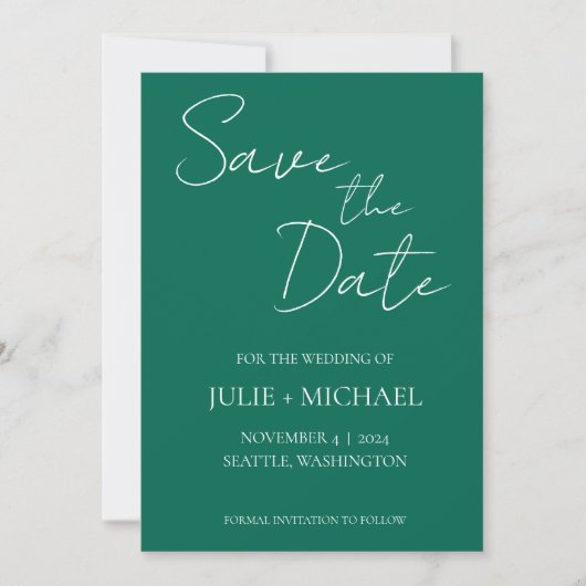 Emerald Green Simple Style Wedding Save The Date (Vorderseite)