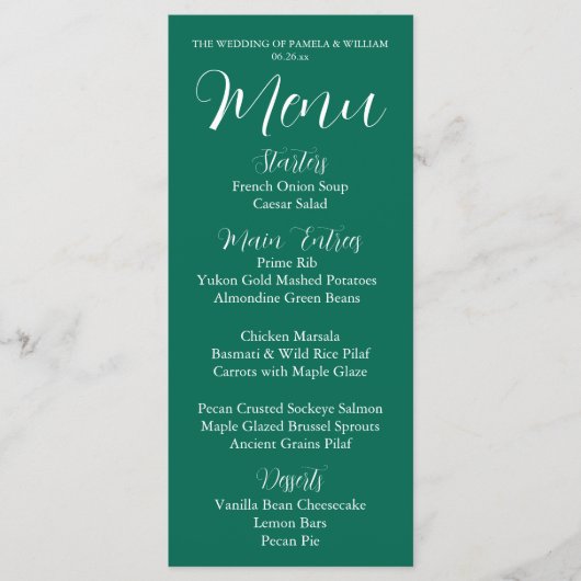 Emerald Green Simple Style Weddner Menükarte (Vorderseite)
