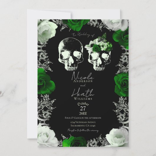 Emerald Green Skeleton Skull Rose Gothic Wedding Einladung (Vorderseite)